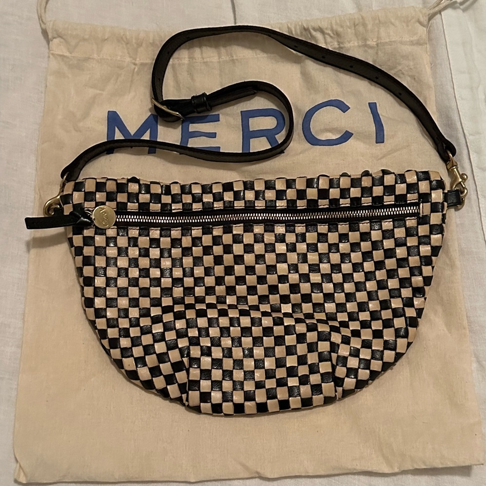 Clare V Grande Fanny Black & White Woven Checkered